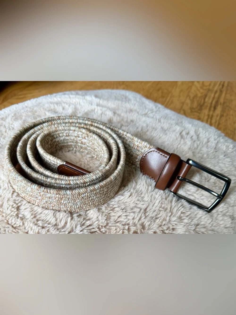 Roundtree & Yorke Men’s Woven Stretch Belt Beige Brown Leather Size 44
